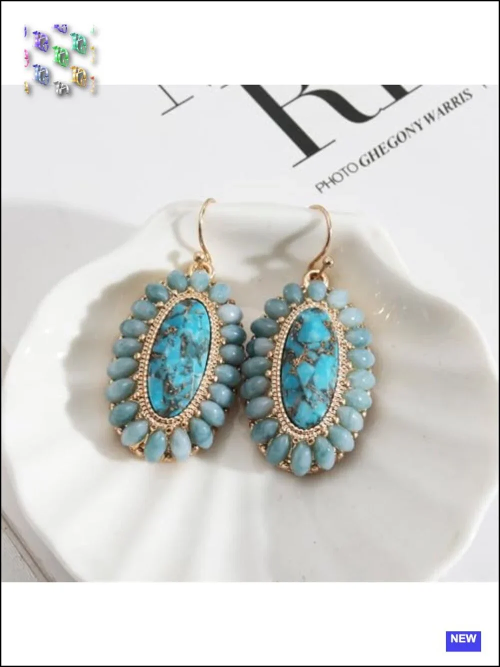 Handmade Turquoise and Abalone Shell Drop Dangle Earrings Gold Geometric Boho